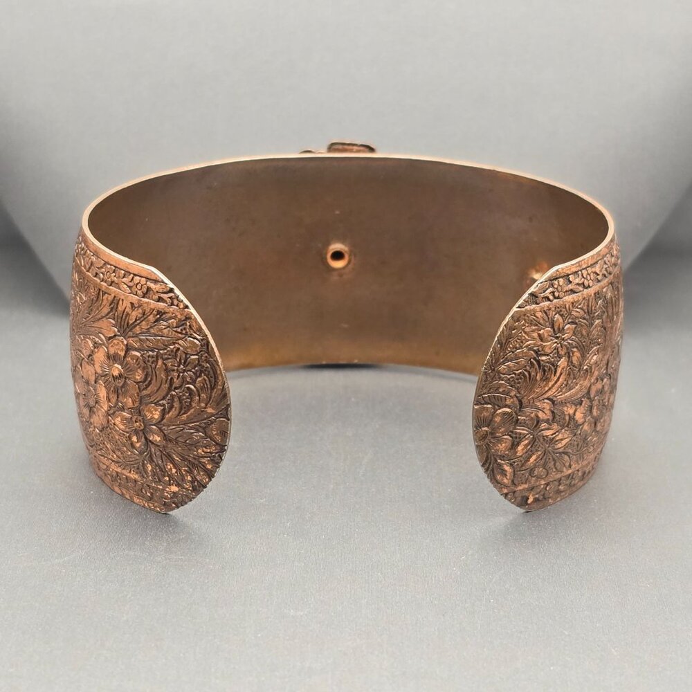 VTG Copper & Faux Turquoise Cuff Bracelet 7" Floral Embossed Design - Picture 4 of 10